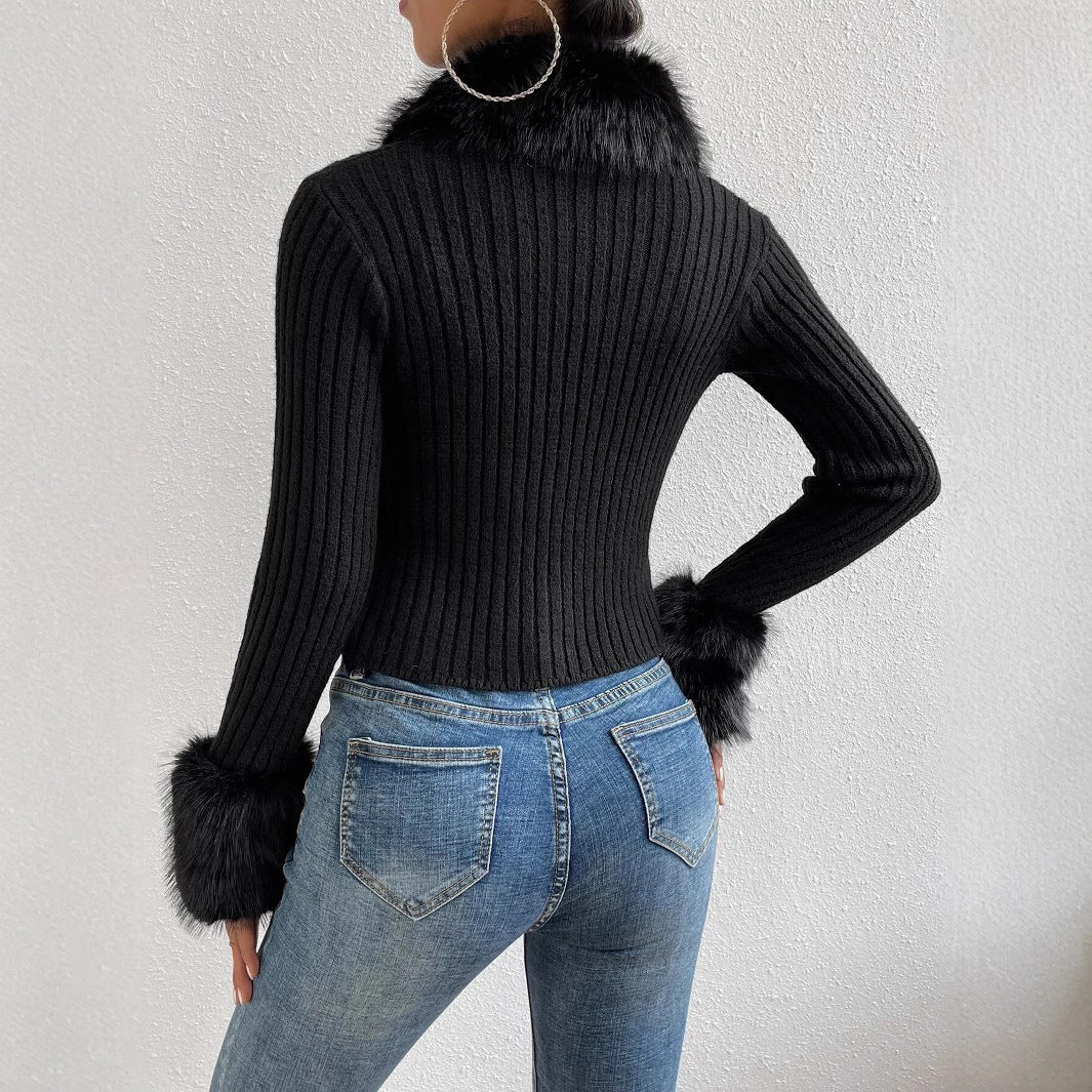 Elegant Cardigan with Fur Collar – Slim Fit V-Neck Cardigan