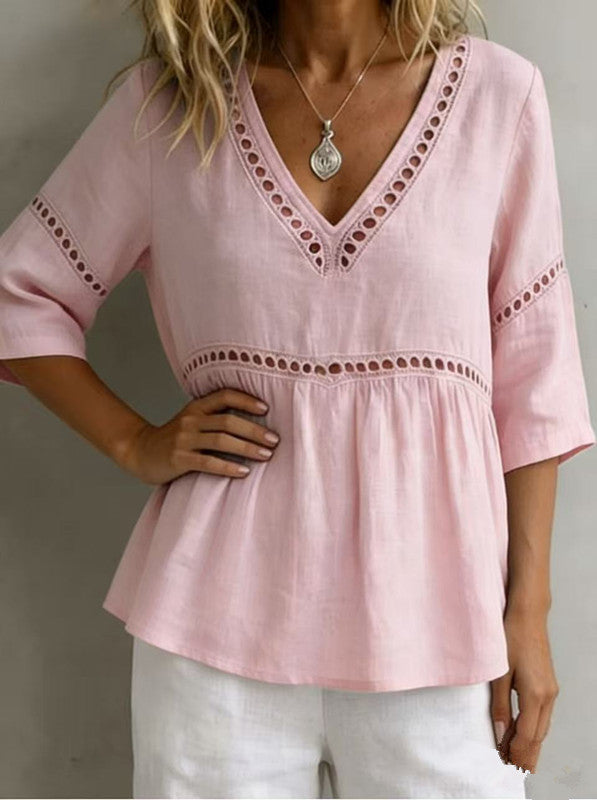 Women's V-Neck Top with Cut-Out – Fringes, Loose & Trendy