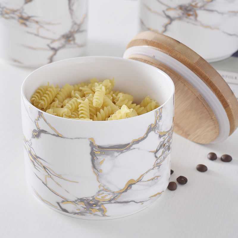 Marble Ceramic Storage Jar with Wooden Lid – Airtight Premium