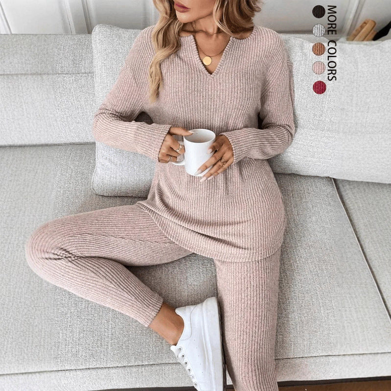 Women's V-Neck Loungewear Set – Stylish Casual Two-Piece