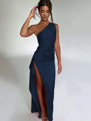 Elegant One-Shoulder Satin Maxi Dress – Backless with Slit