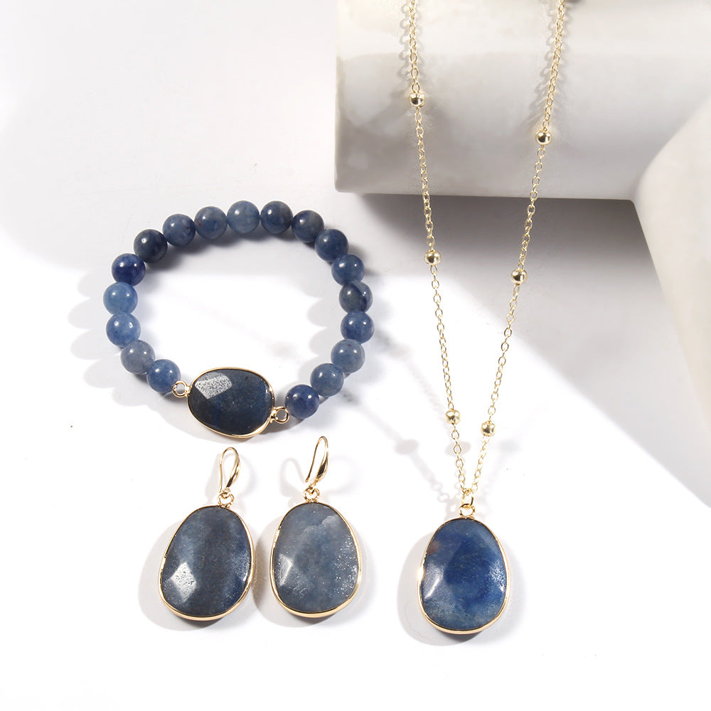 Golden Jewelry Set with Natural Stone – Necklace, Bracelet & Earrings for Women