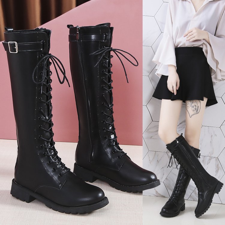 Damen High Boots mit Schnürung – Mid Heel Schnallen Stiefel