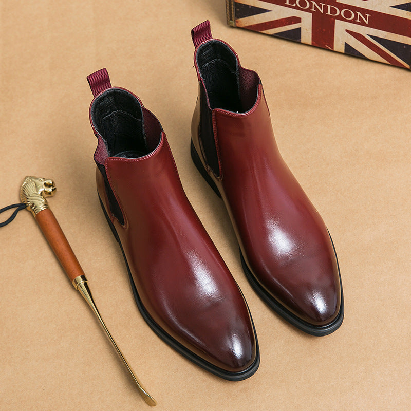 Men's Business High Top Boots Red - Elegant Pointed Leather Ankle Boots