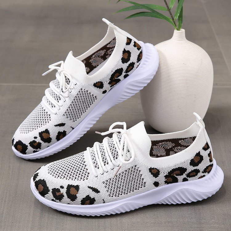 Women's White Sneakers with Leopard Print – Fashionable Lace-Up Sports Shoes