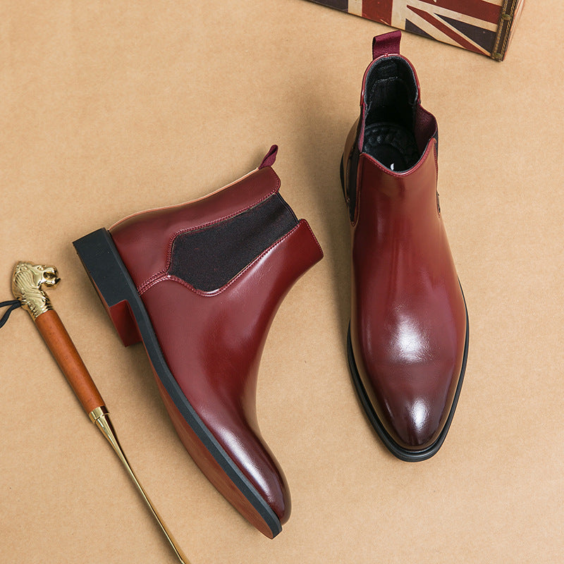 Men's Business High Top Boots Red - Elegant Pointed Leather Ankle Boots