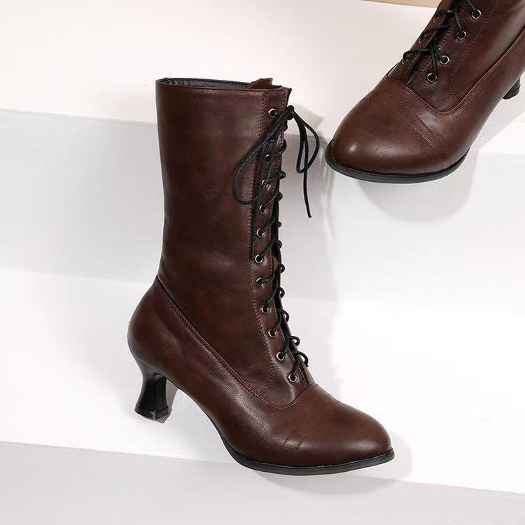 Women's Mid-Calf Lace-Up Boots – Elegant Low Heel Boots