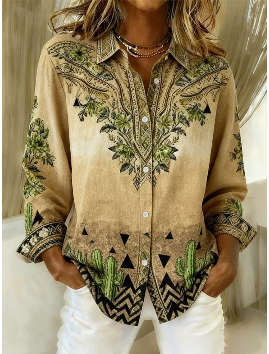 Relaxed Women's Blouse with Lapel Collar and Print – Long Sleeve & Stylish