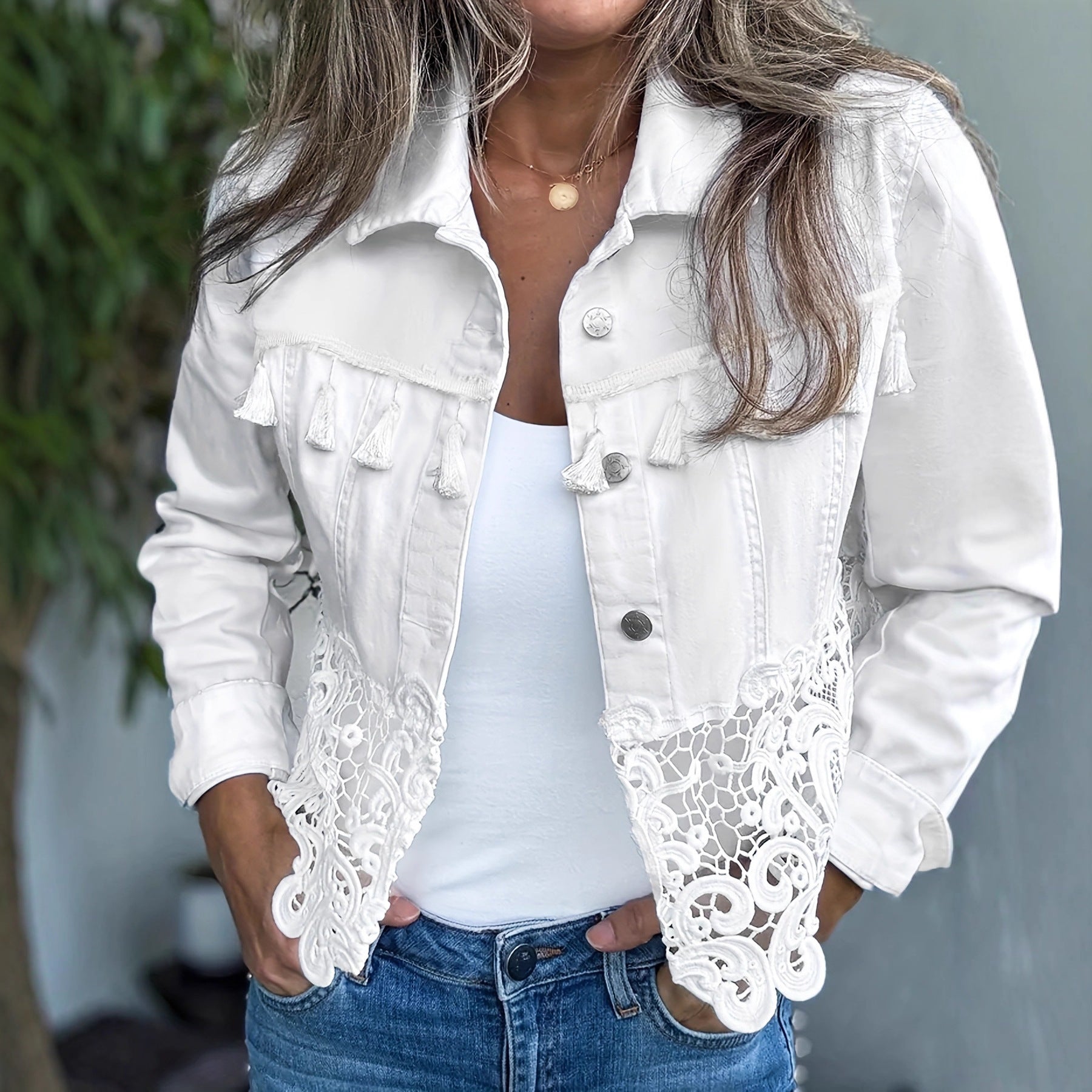 Damen Mantel mit Fransen & Cut-Out – Eleganter Patchwork Designer Look