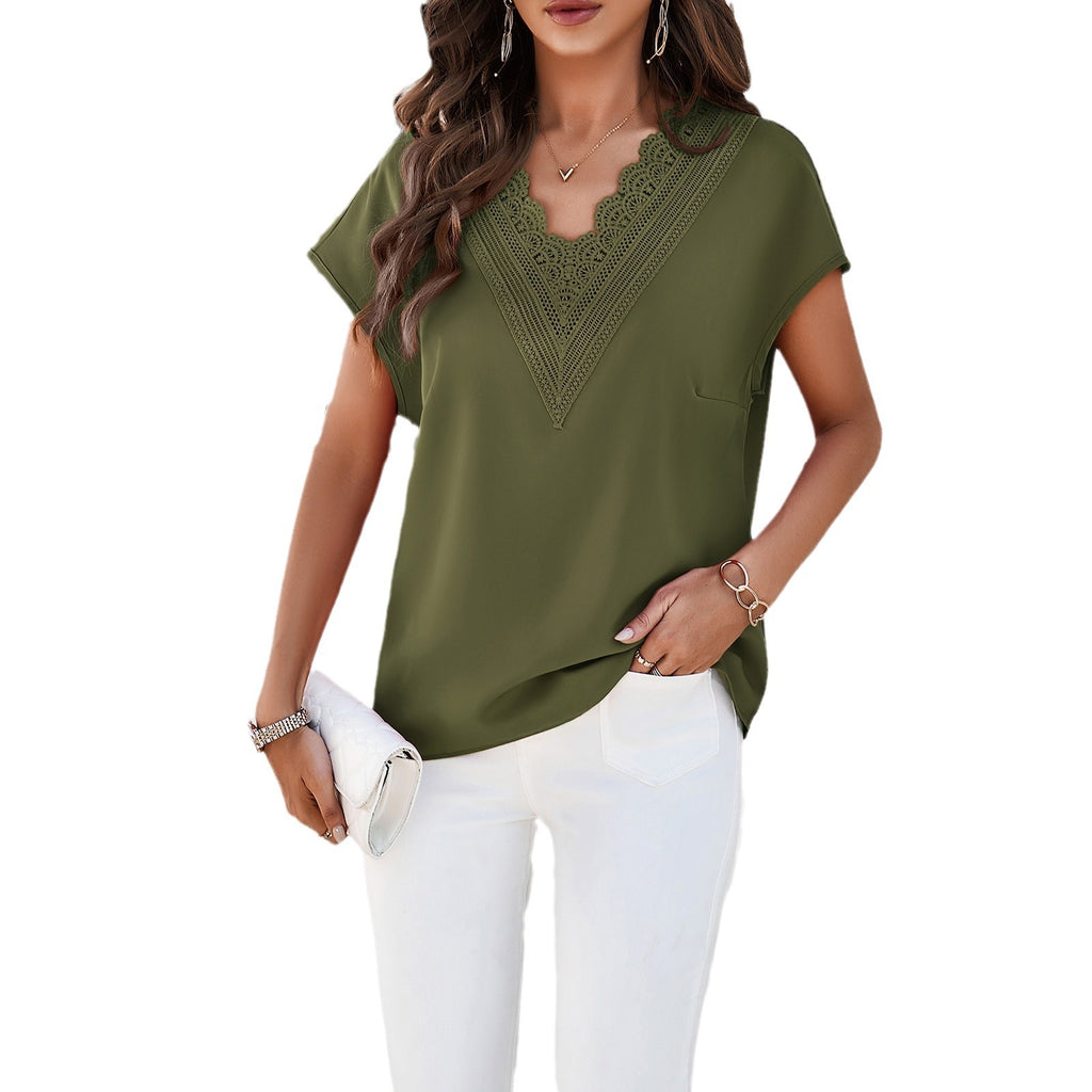 Damen V-Ausschnitt Shirt Sommer | Kurzarm Basic Bluse Elegant