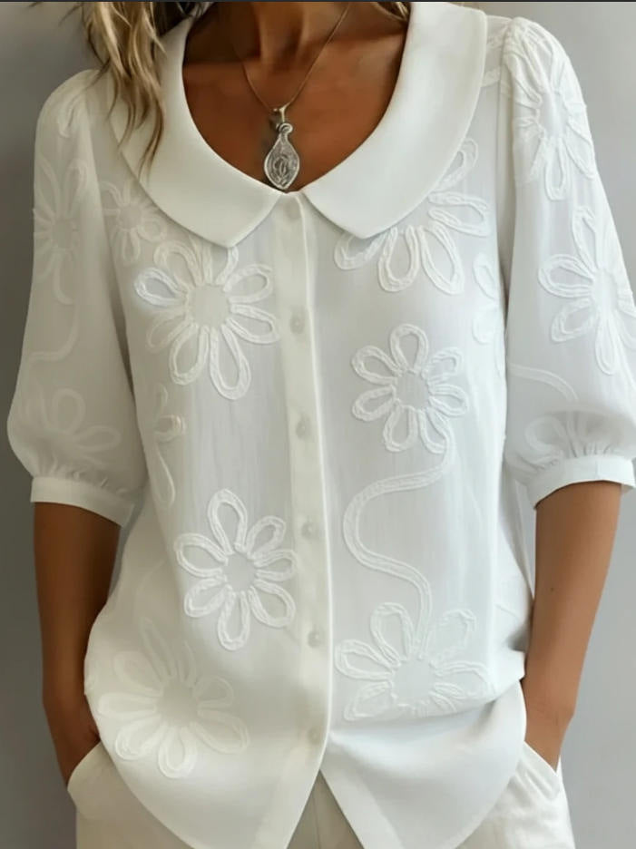 Retro Women's Blouse with 3D Floral Embroidery – Loose, Button Placket & Elegant
