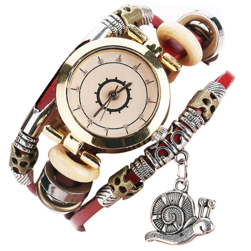 Vintage Ladies' Wristwatch, Curved Leather Strap, Snail Pendant