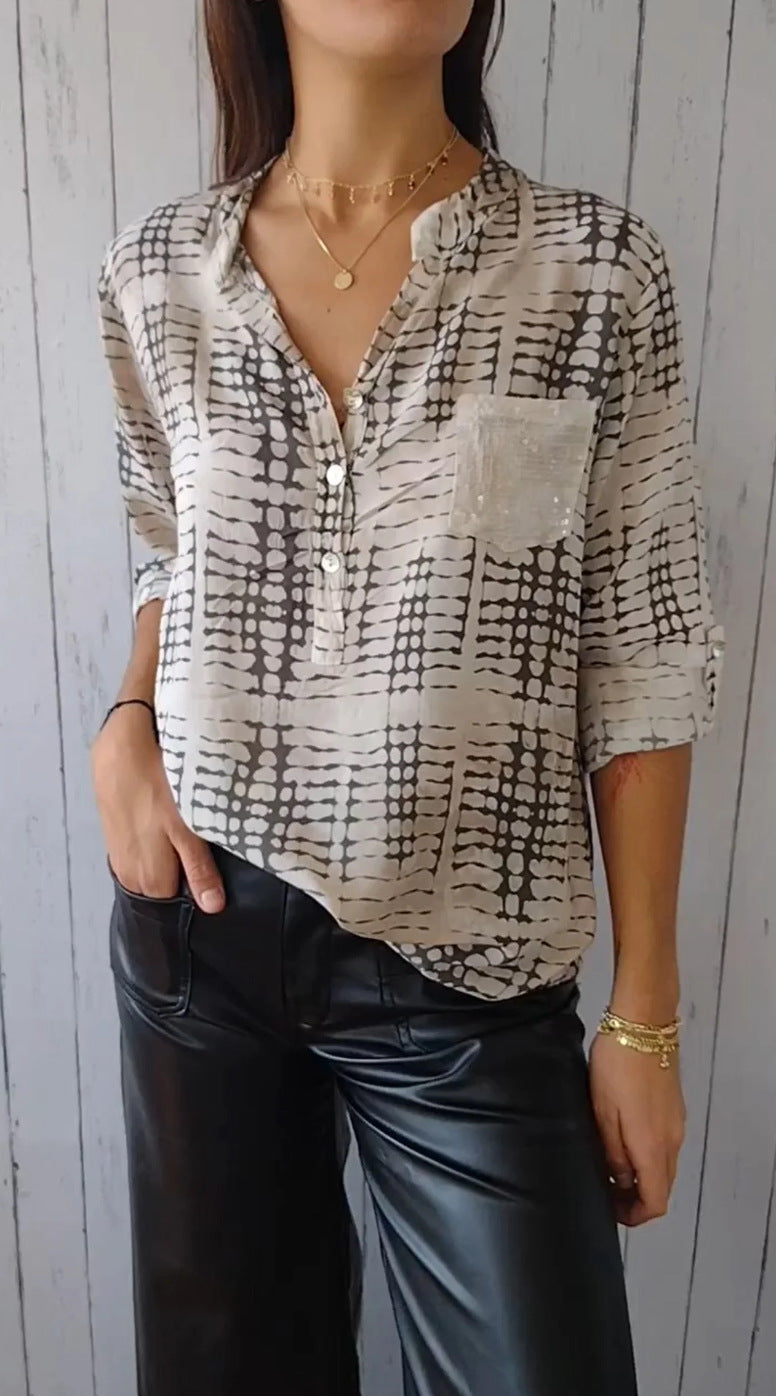 European and American V-neck Half Button Plaid Shirt Half Sleeve Sequined Pocket Button