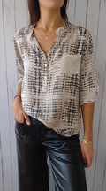 European and American V-neck Half Button Plaid Shirt Half Sleeve Sequined Pocket Button