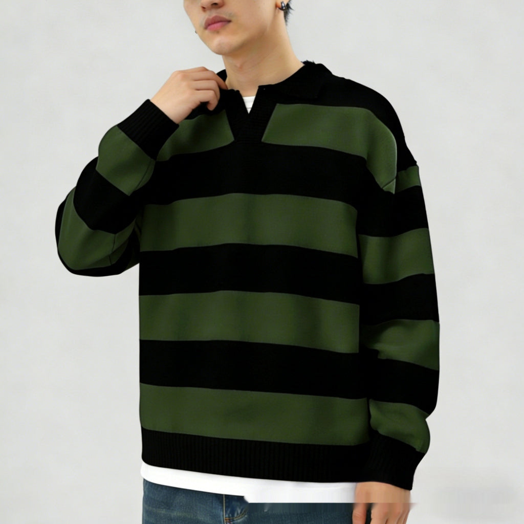 Herren V-Ausschnitt Pullover – Gestreifter Strickpullover Casual