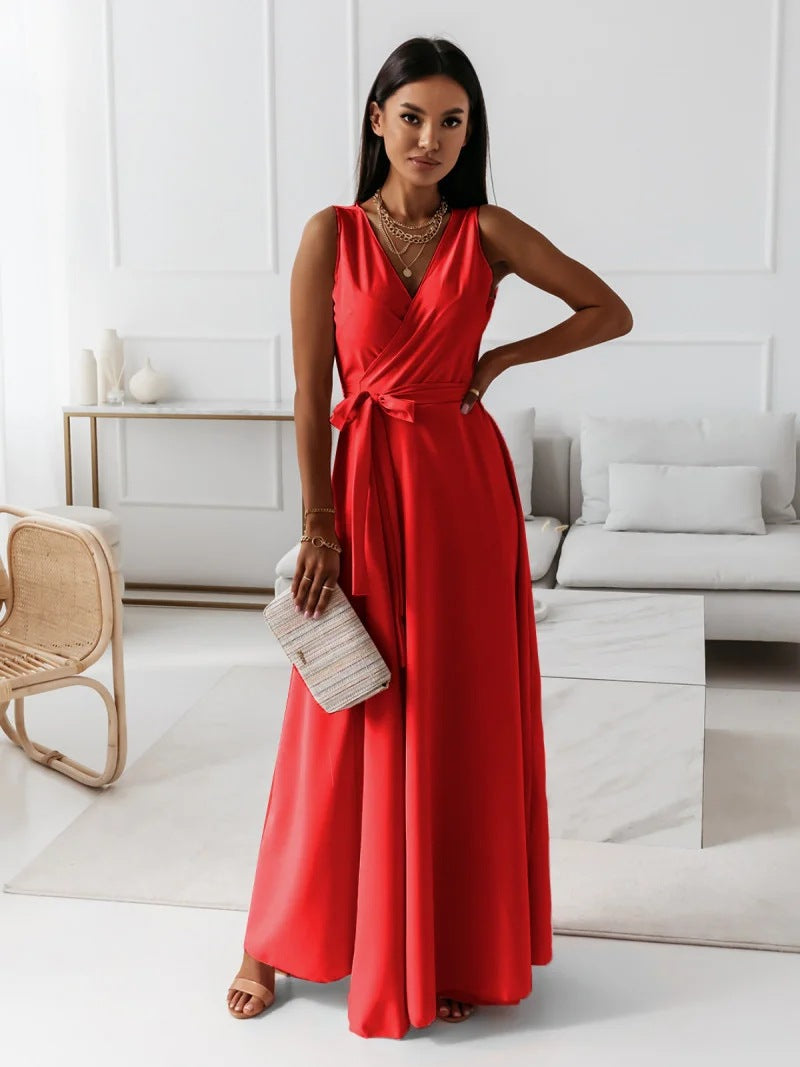 Elegant V-Neck Maxi Dress – Sleeveless Dress with Belt for Party & Evening