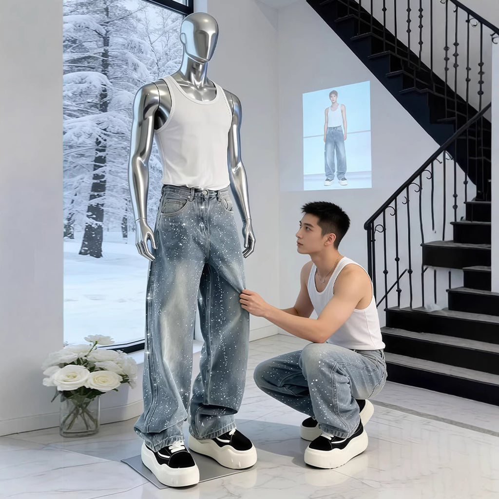 Men's Stone Wash Jeans Straight Leg – Wide Leg Trend Denim Trousers