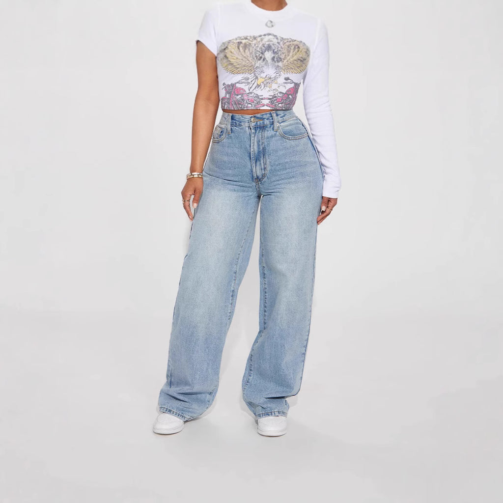 Women's High Waist Straight Leg Jeans Light Blue – Euro Style Denim