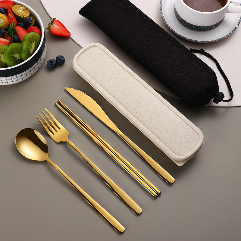 Edelstahl Besteckset Gold | Reise Camping Besteck mit Etui