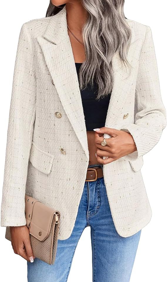Women's Polyester Tweed Blazer - Elegant, Casual & With Pockets