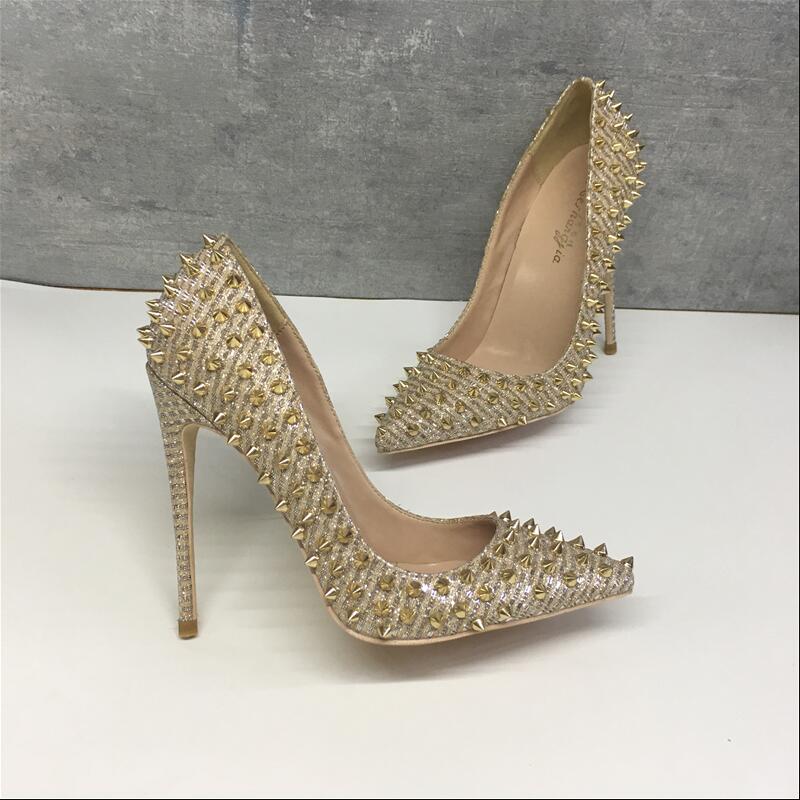 Women's Gold High Heels 12cm | Studded Mesh Design Party Shoes