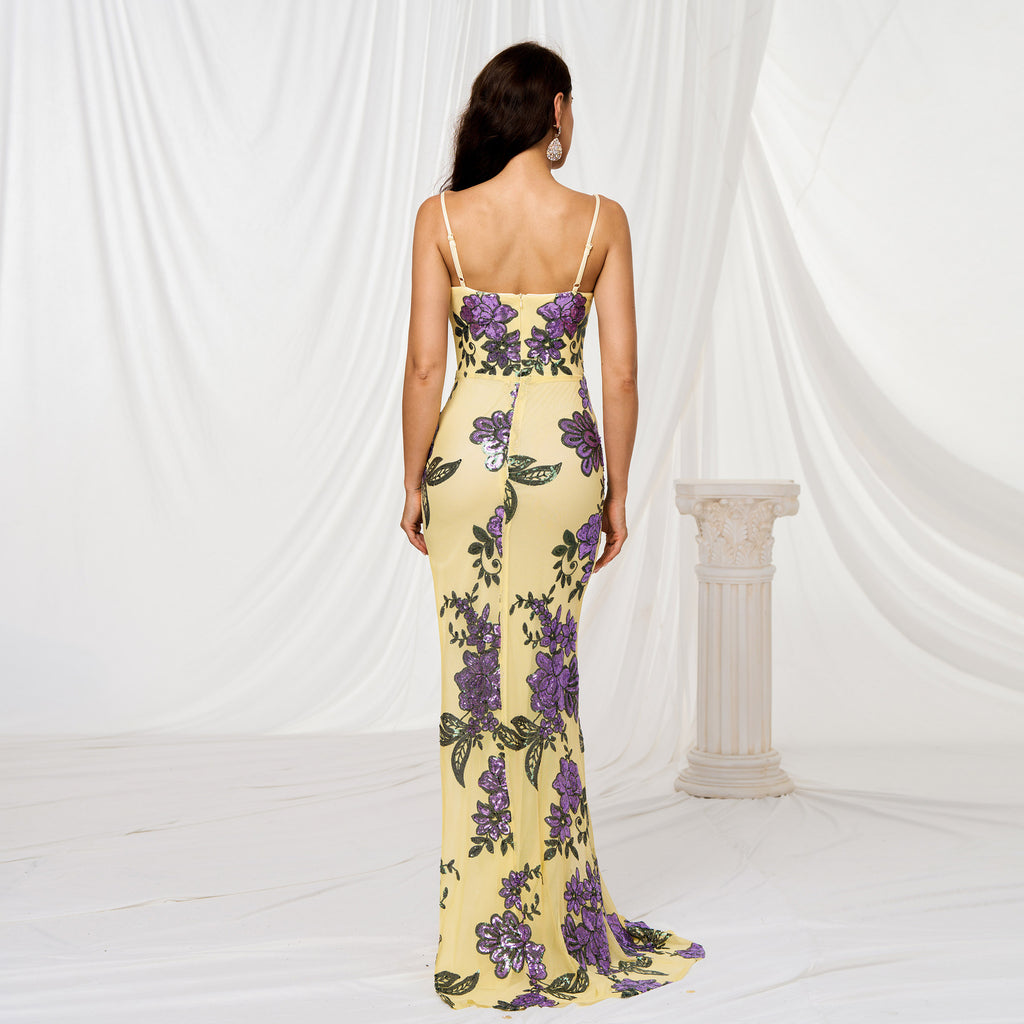 Pailletten Abendkleid Damen Elegant | V-Ausschnitt Luxus Kleid