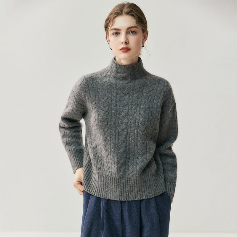 Elegant Cashmere Cable Knit Sweater – Women's Mock Neck Pullover