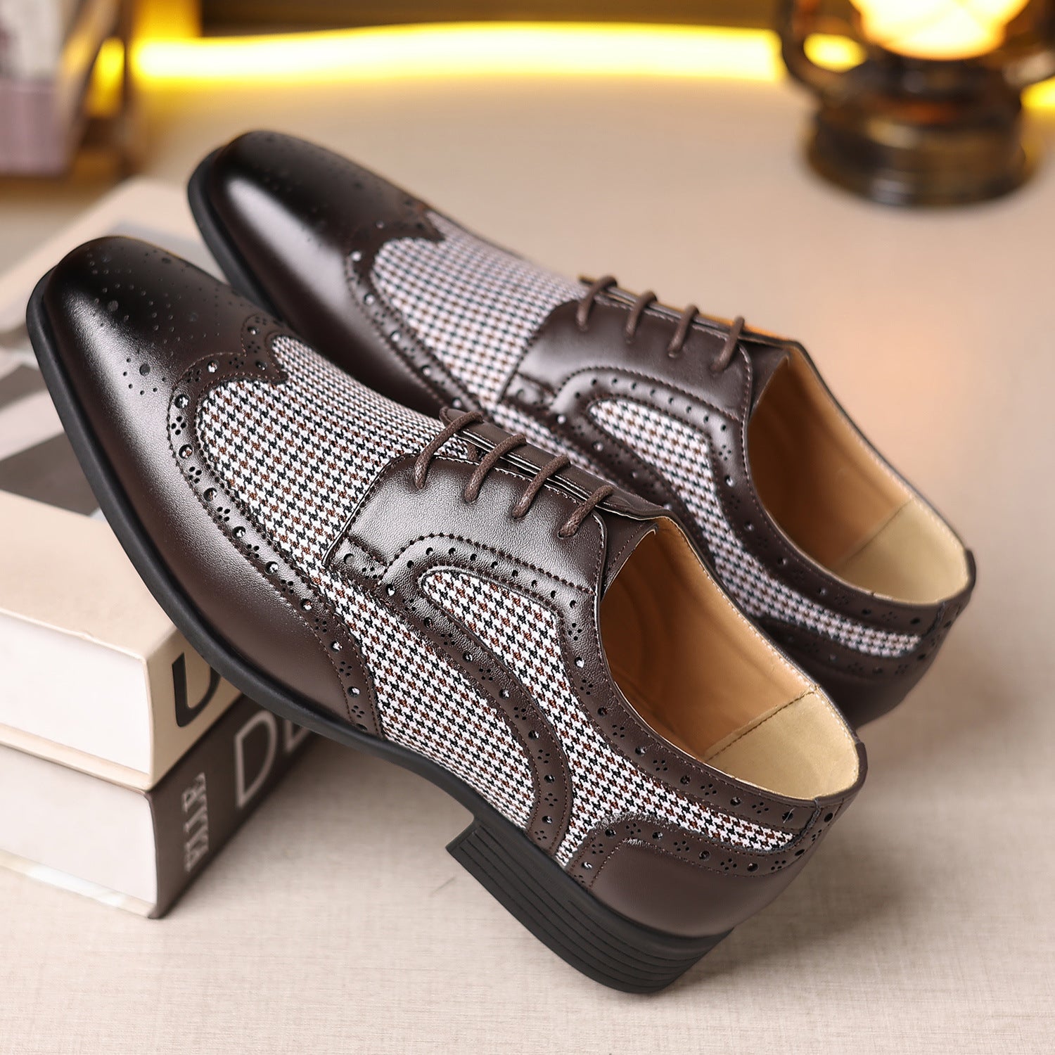 Men's Leather Houndstooth Loafers | Elegant Slip-On Shoes