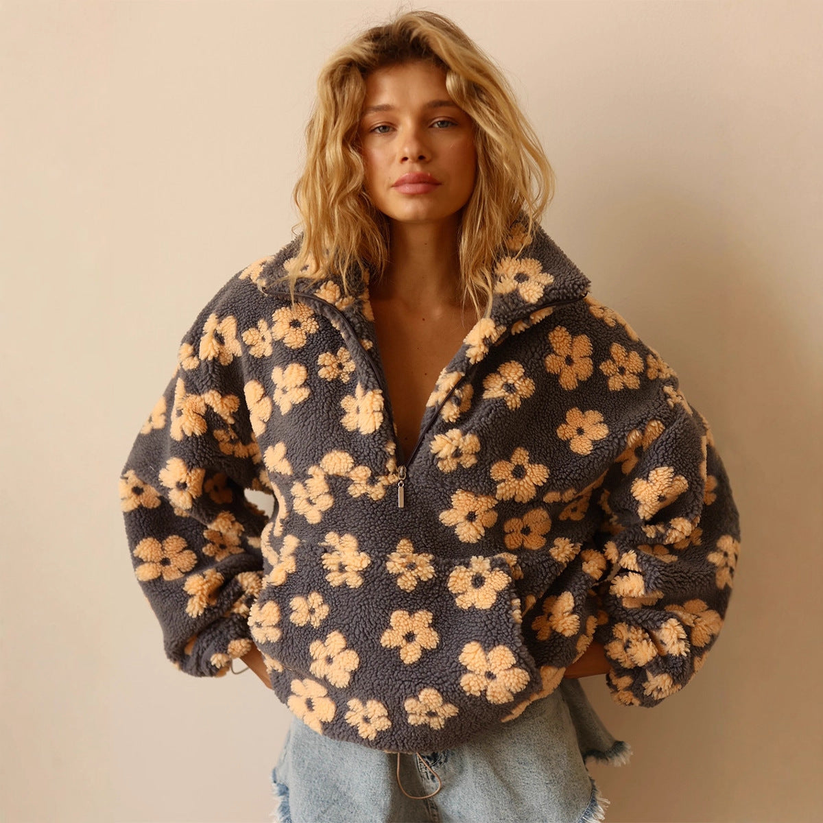 Women's Floral Fleece Pullover | Warm Oversized Look