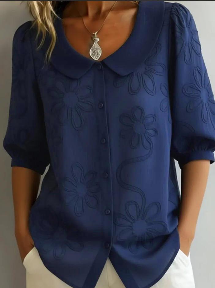 Retro Women's Blouse with 3D Floral Embroidery – Loose, Button Placket & Elegant