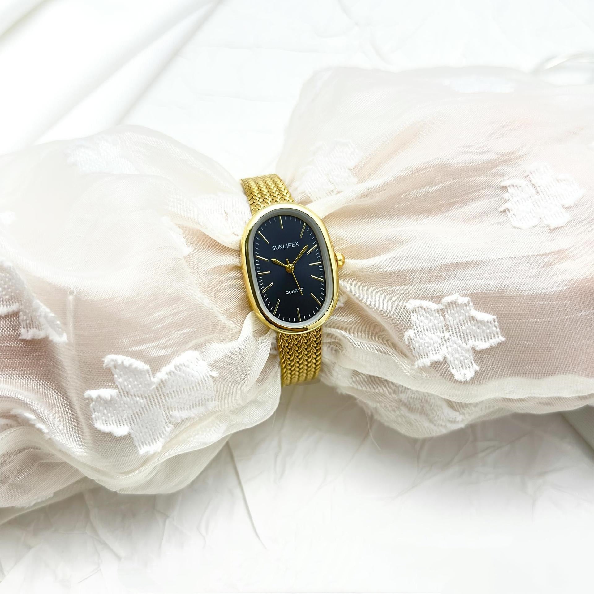 Ladies' Oval Gold Quartz Watch with Small Dial - Elegant Watch