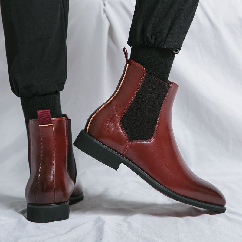 Men's Business High Top Boots Red - Elegant Pointed Leather Ankle Boots