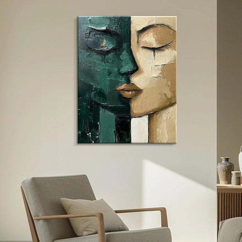 Ölbild Gesicht Grün Beige | Handgemalte Leinwand moderne Wandkunst