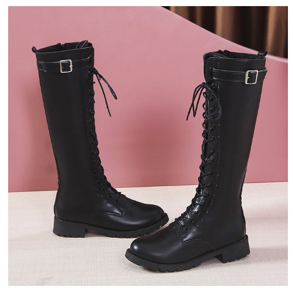 Damen High Boots mit Schnürung – Mid Heel Schnallen Stiefel