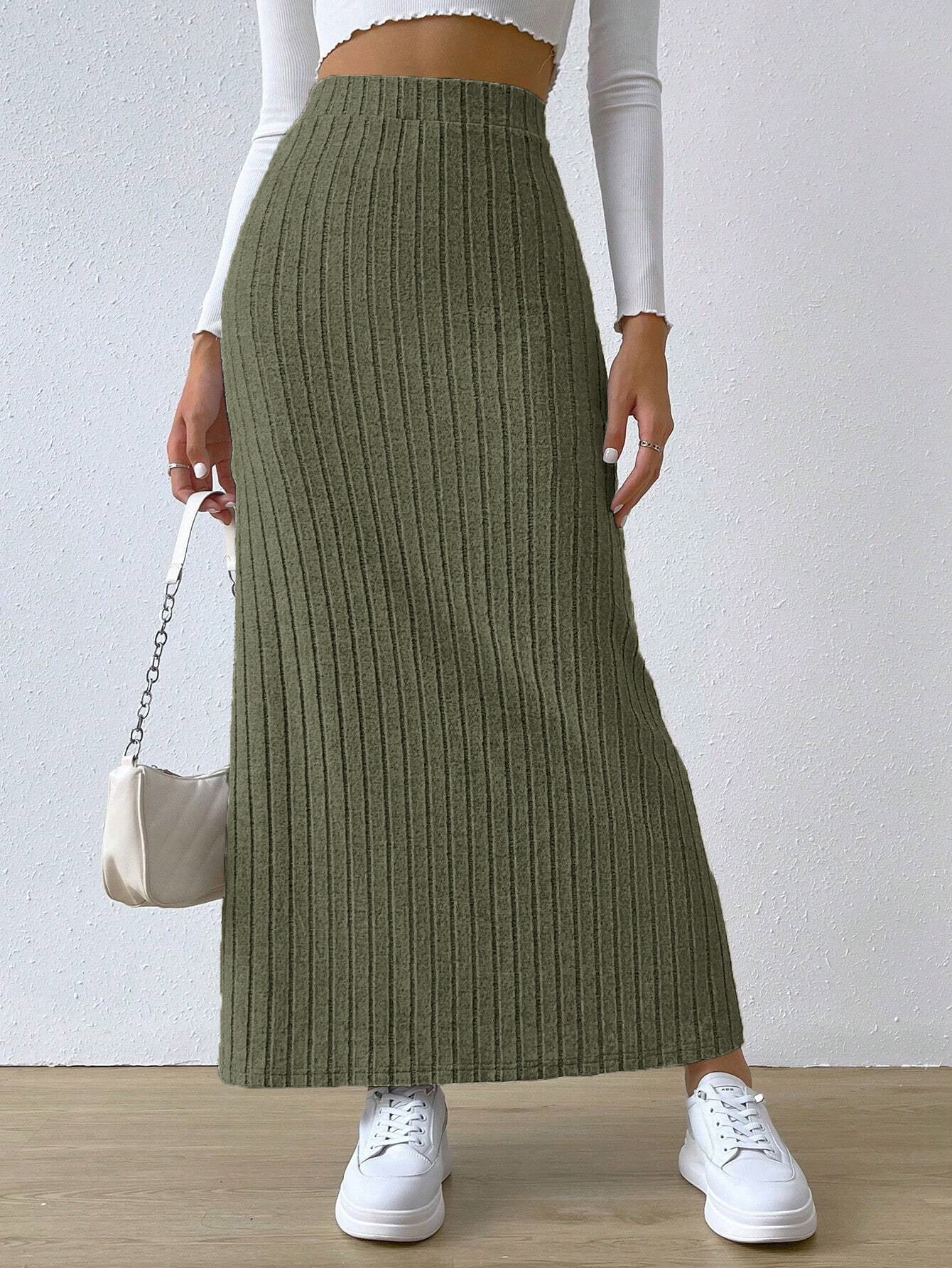 Damen Strick Maxirock | High Waist Rock mit Seitenschlitz