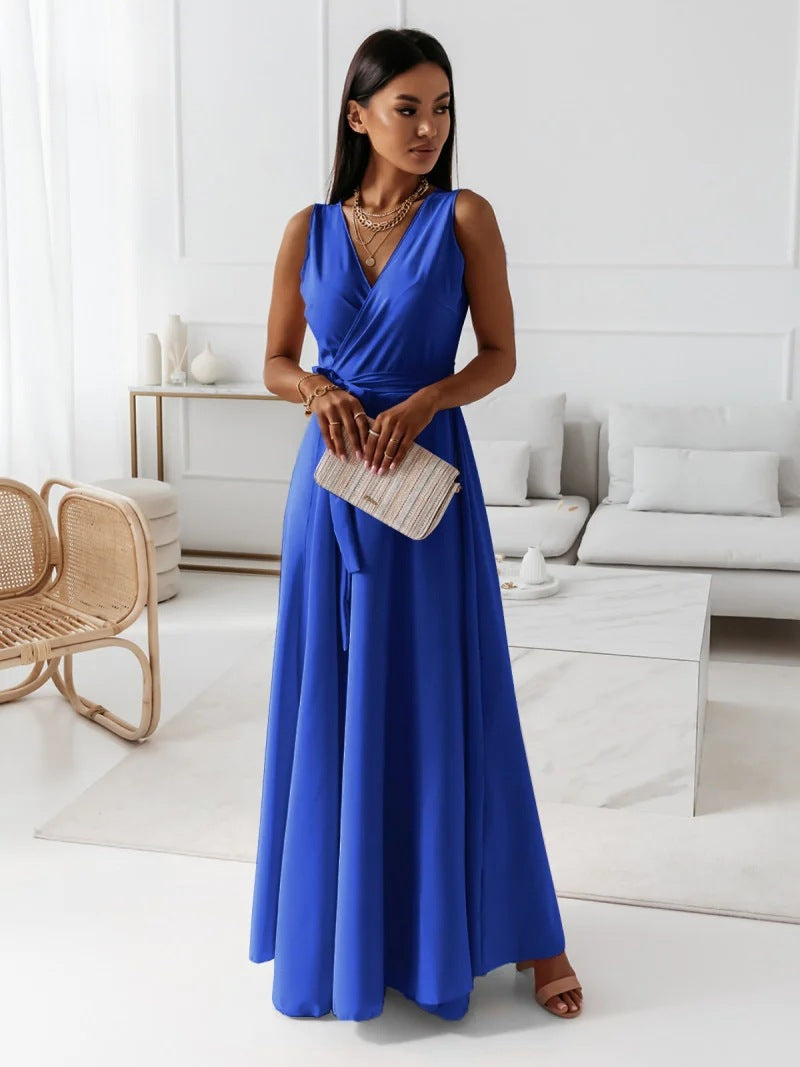 Elegant V-Neck Maxi Dress – Sleeveless Dress with Belt for Party & Evening
