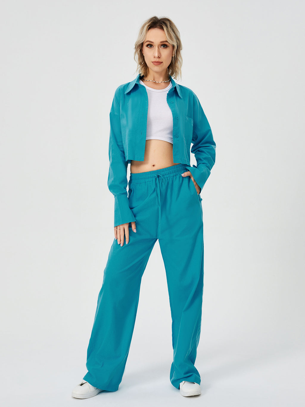 Women's Two-Piece Loungewear Set – Long-Sleeve Shirt & Wide-Leg Pants