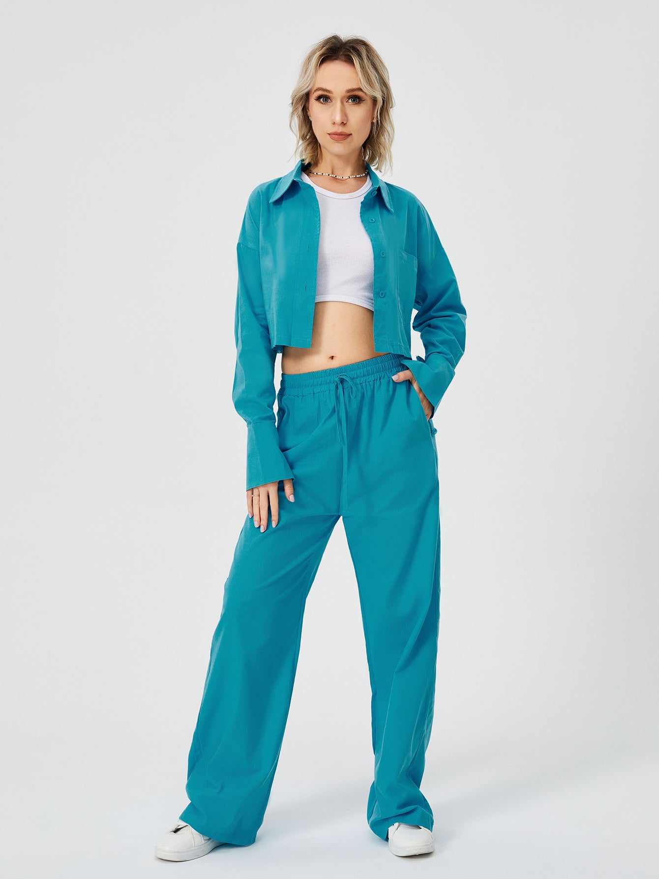 Women's Two-Piece Loungewear Set – Long-Sleeve Shirt & Wide-Leg Pants