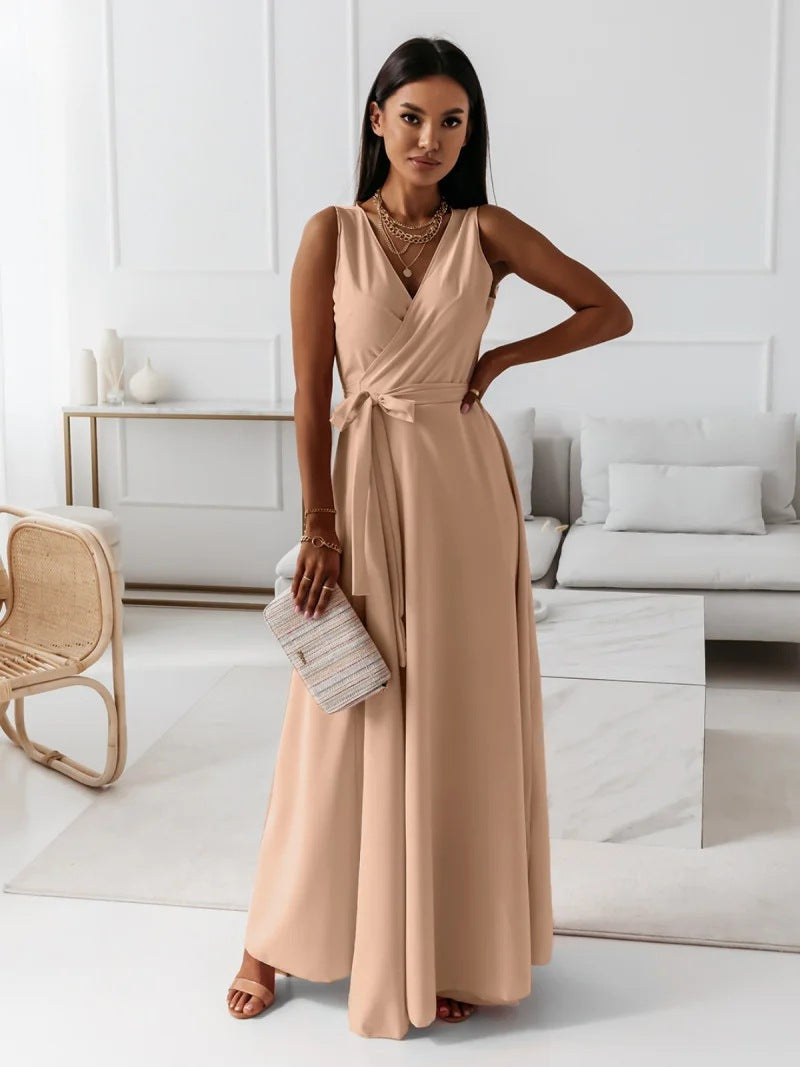 Elegant V-Neck Maxi Dress – Sleeveless Dress with Belt for Party & Evening