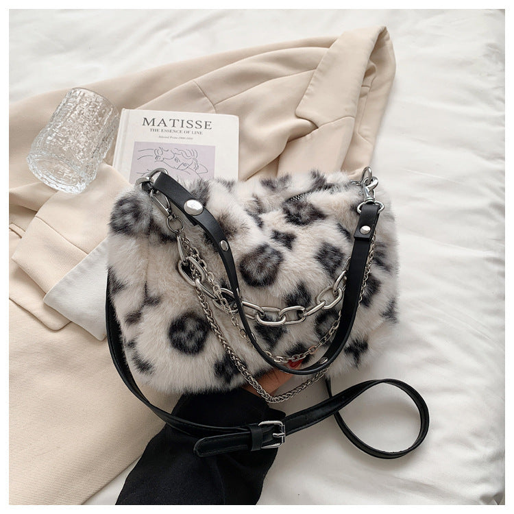 Plush Shoulder Bag Women Winter Floral Handbag Elegant