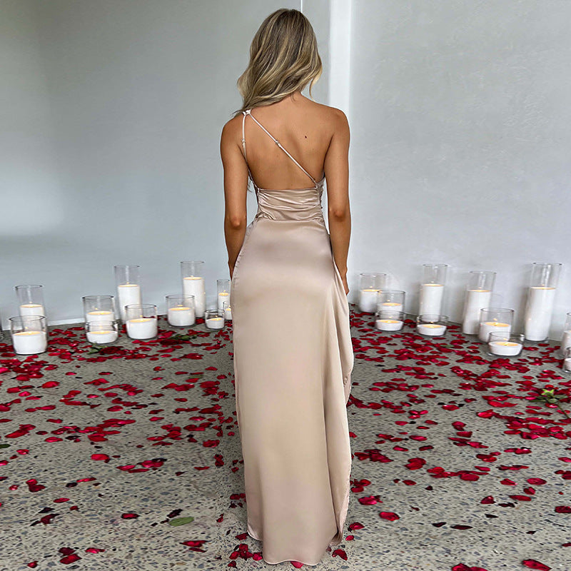 Elegant One-Shoulder Satin Maxi Dress – Backless with Slit