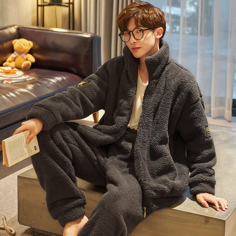 Herren Flanell Pyjama Warm | Stehkragen Reißverschluss Winter Set