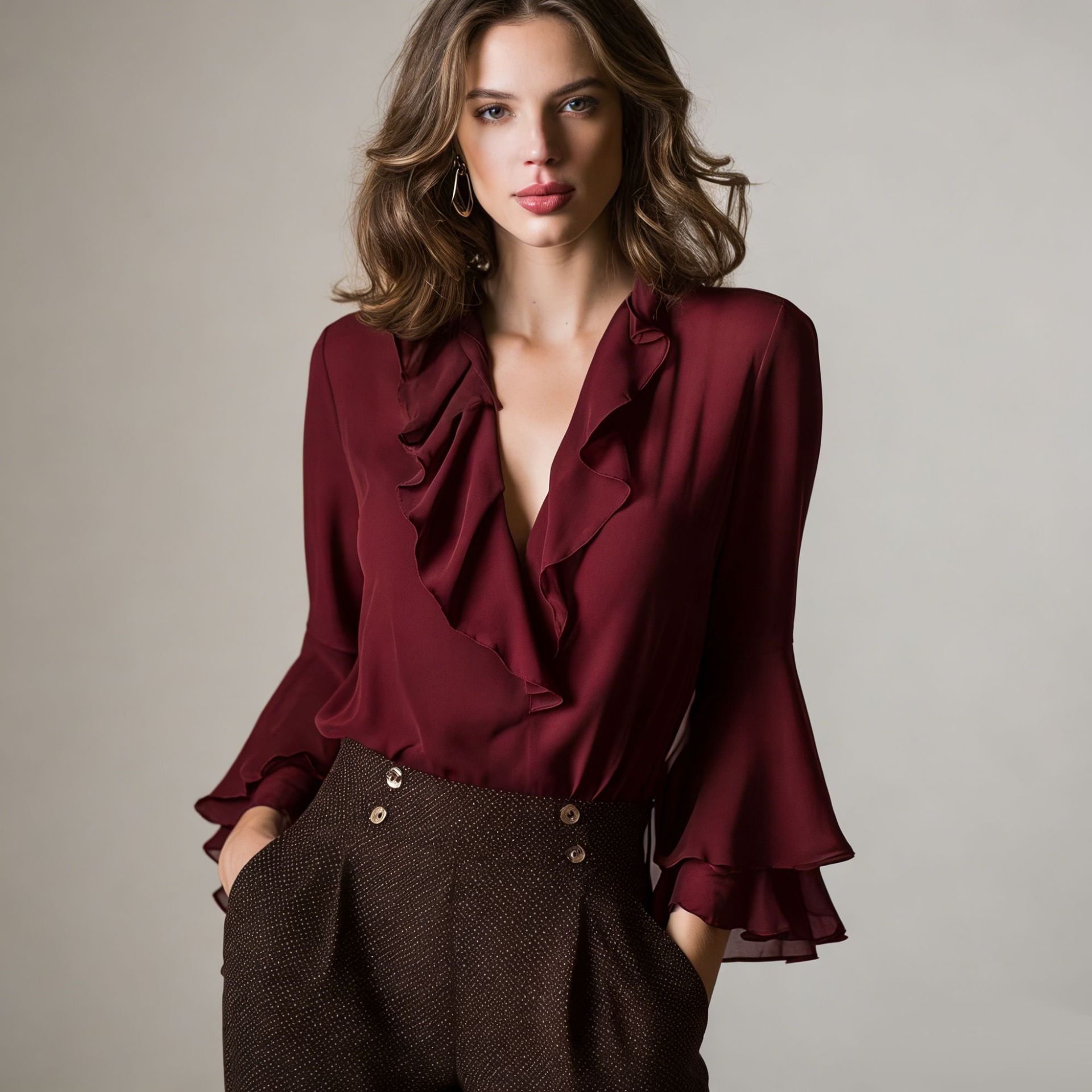 Elegant Women's Blouse with V-Neck and Ruffles – Summery & Feminine