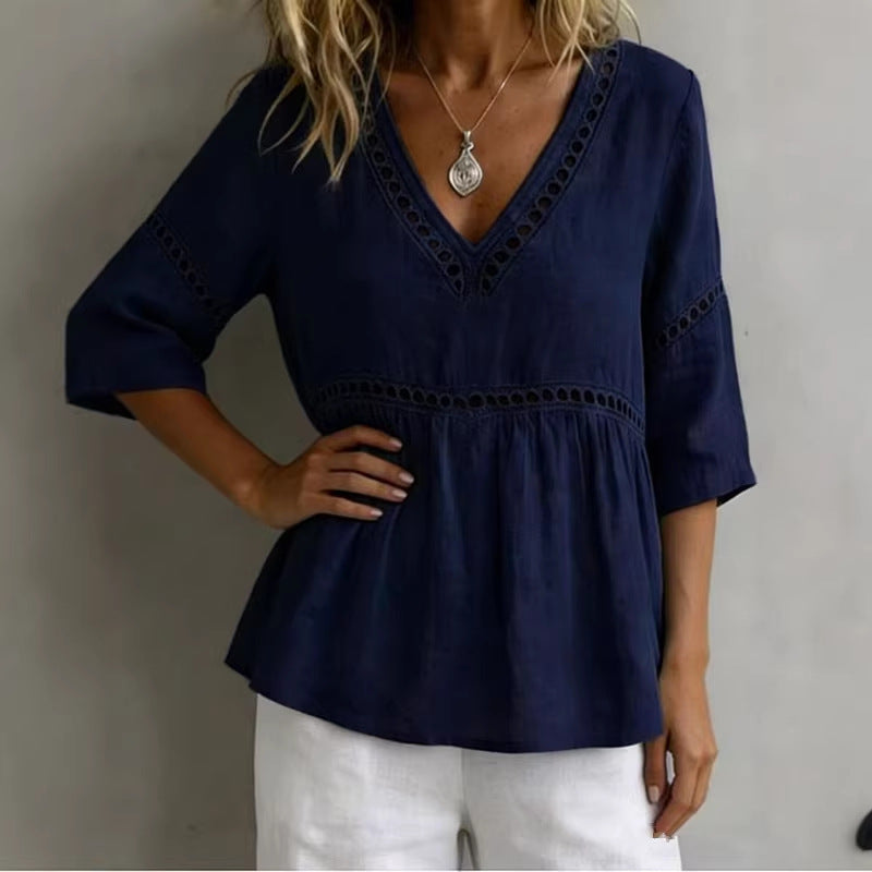 Women's V-Neck Top with Cut-Out – Fringes, Loose & Trendy