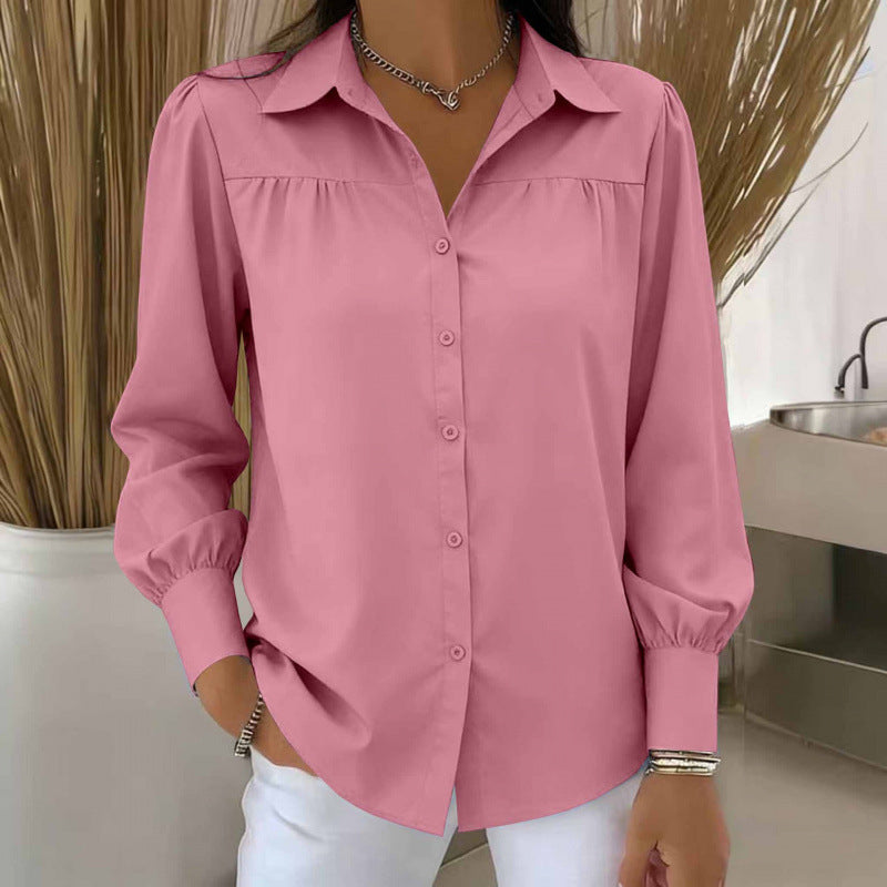 Women's Blouse with Lantern Sleeves – Solid Color, Loose & Elegant