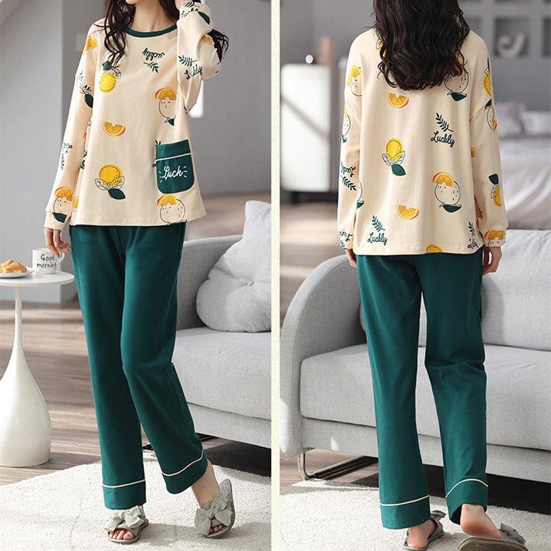 Damen Pyjama Set Print – Langarm Schlafanzug Herbst Winter
