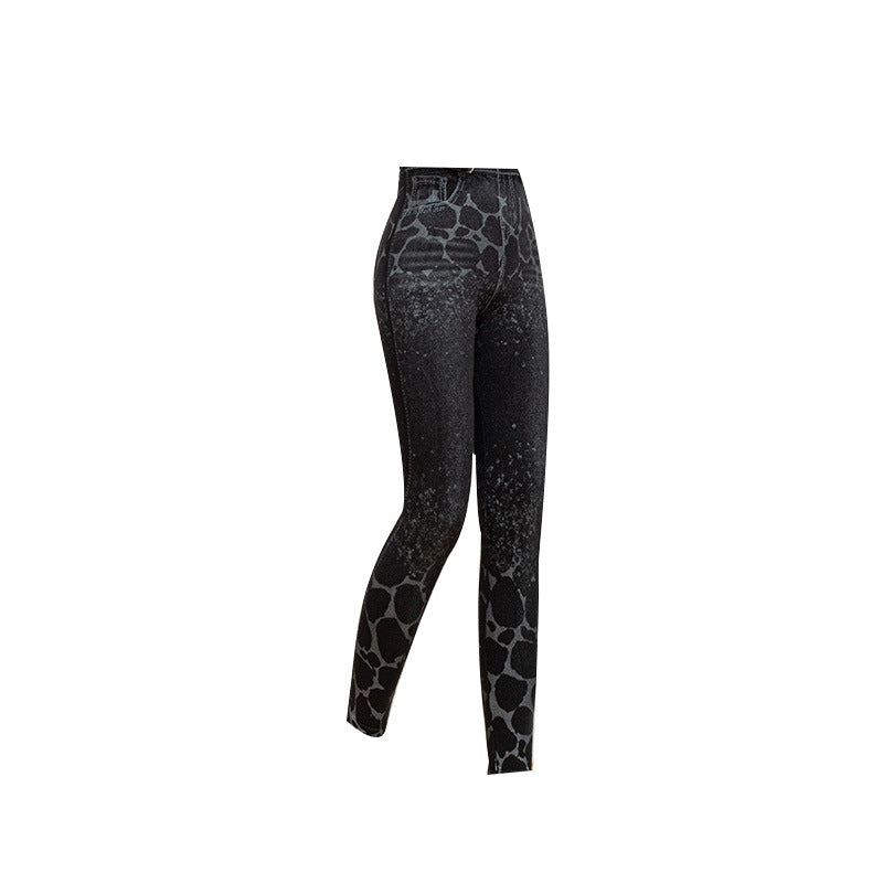 Women's Denim Look Leggings | Leopard Print High Waist Pants