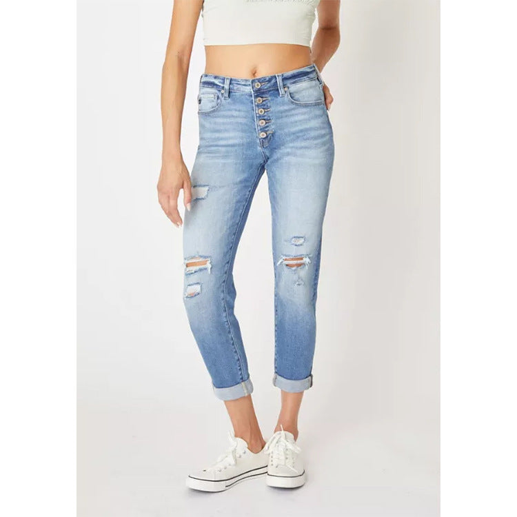 Women's Slim Fit Straight Leg Jeans – Ripped Cuffed Denim Pants