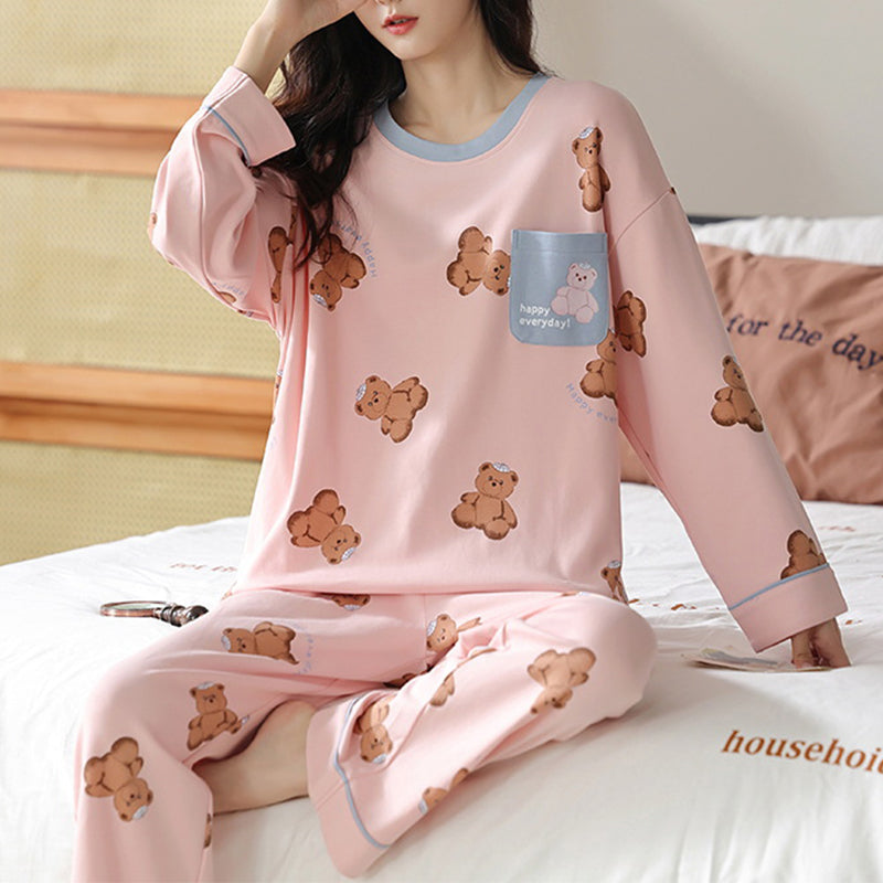 Damen Pyjama Set Print – Langarm Schlafanzug Herbst Winter