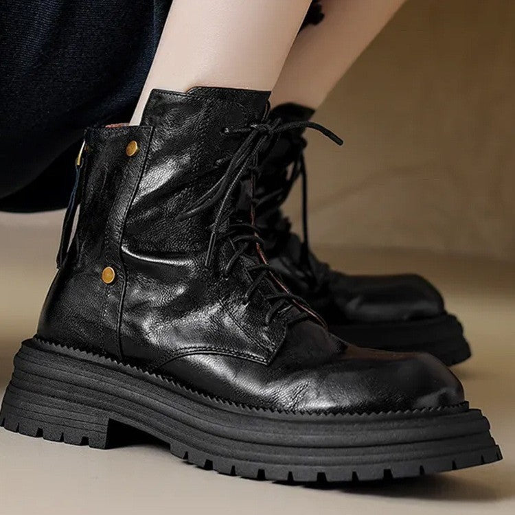 Women's Lambskin Ankle Boots with Chunky Sole – Lace-Up Boots
